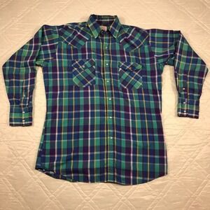 Westerner by BBI‎ blue plaid long sleeve pearl snap shirt medium